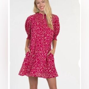 Olivia James Bea Mini Dress Puff Sleeve Cotton Shift In Geo Print Pink Size M